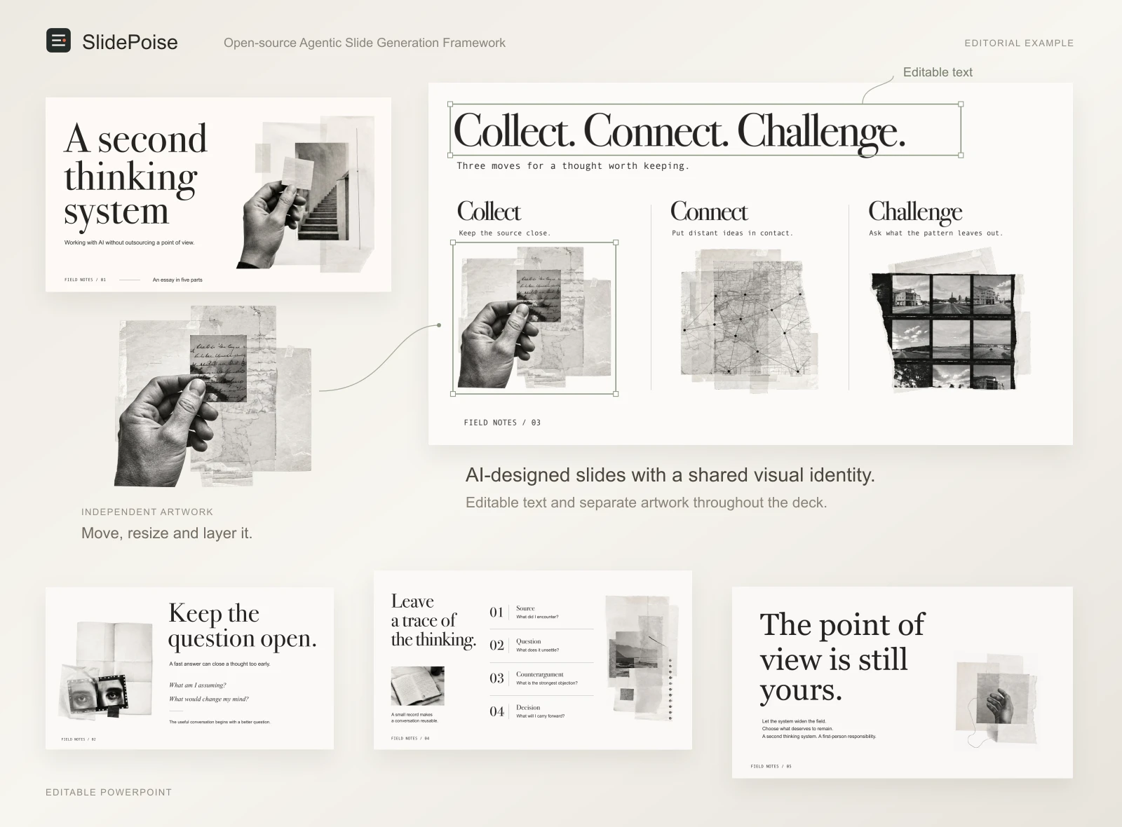Five editorial slides with an editable heading and a separate paper collage illustration