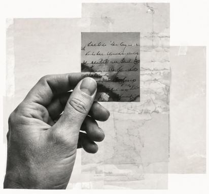 A hand holding a handwritten paper fragment, cropped from the generated slide
